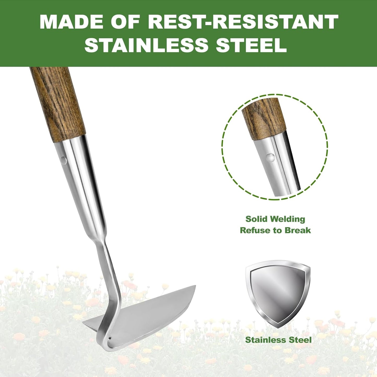 Haliaeetus Sickle Hoe, 58'' Long Handle Japanese Hand Hoe for Standing to Remove Weed, Stainless Steel Scraper Hoe, Bent Angle Weeding Sickle for Fastly Scraping Out Weed on Flower Bed, Between Plants