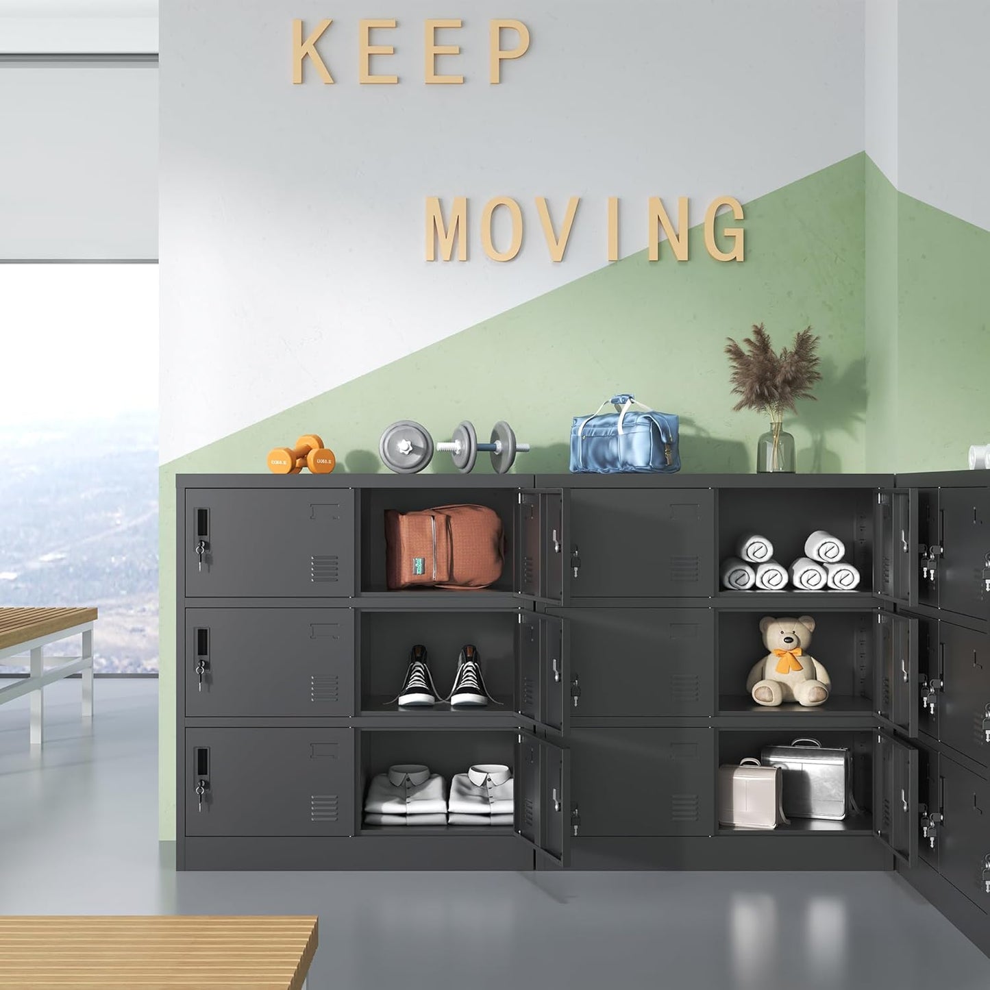 Metal Lockers for Employees, Office Storage Locker with 6 Doors, Black, 35.43" W x 15.75" D x 39.37" H, Steel Staff Locker Storage Cabinet for Gym, Home, School, Garage, Assembly Required