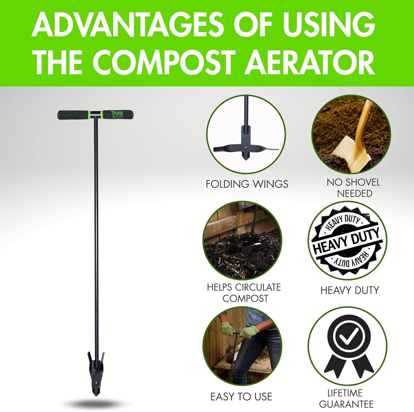 Yard Butler Aerators - Durable for Easy Lawn Care & Healthy Growth - Prevent Lawn Damage by Breaking Up Compaction - Ergonomic Gardening Tool, Compost Aerator