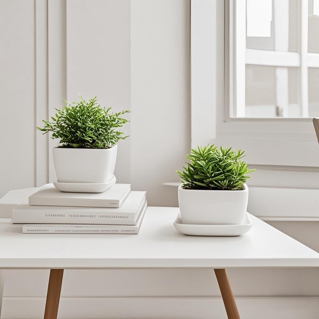 Square Plant Saucer 4 Inch 2 Pack，Plant Trays for Pots, White Ceramic Plant Saucers for Indoors Outdoors, Plant Drip tray 4 6 8 10 12 14 Inch