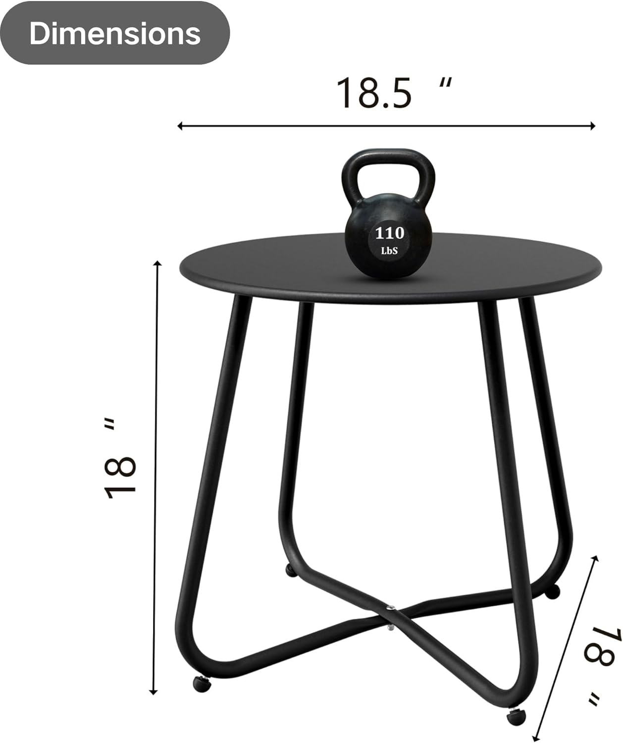 Black Patio Side Table, 18" Weatherproof Steel Outdoor Indoor Side Table for Garden, Balcony, Pool & Tailgate, Rust-Resistant Lightweight Portable Patio End Table