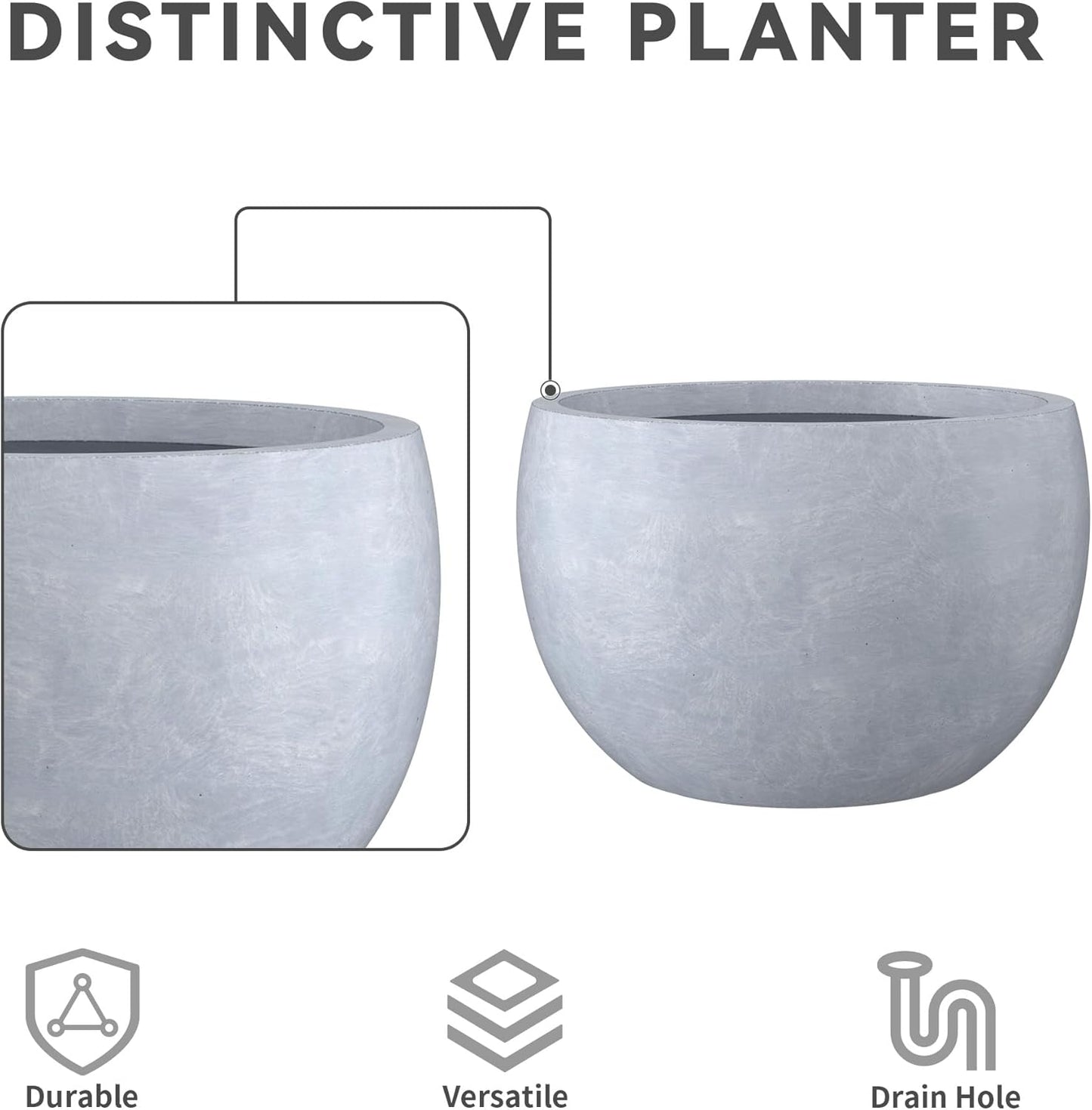 Kante 11.8" Dia Round Concrete Planter, Outdoor/Indoor Large Bowl Plant Pots with Drainage Hole and Rubber Plug for Garden Patio Balcony Home, Gray