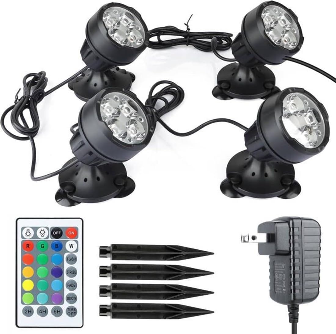 Pond Lights with Timer Color Changing Outdoor Spotlights Underwater Fountain Light Dimmable IP68 Waterproof Submersible LED Landscape Lighting with Spiked Stand (Set of 4)