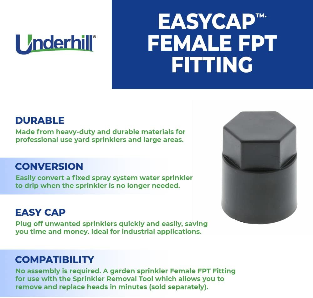 Underhill Plumbing Tools for Sprinkler System, EasyCap Female FPT Fitting for EasyOut Sprinkler Tool, Plug Off Unwanted Sprinklers, A-EO-05EC, 24 Pack