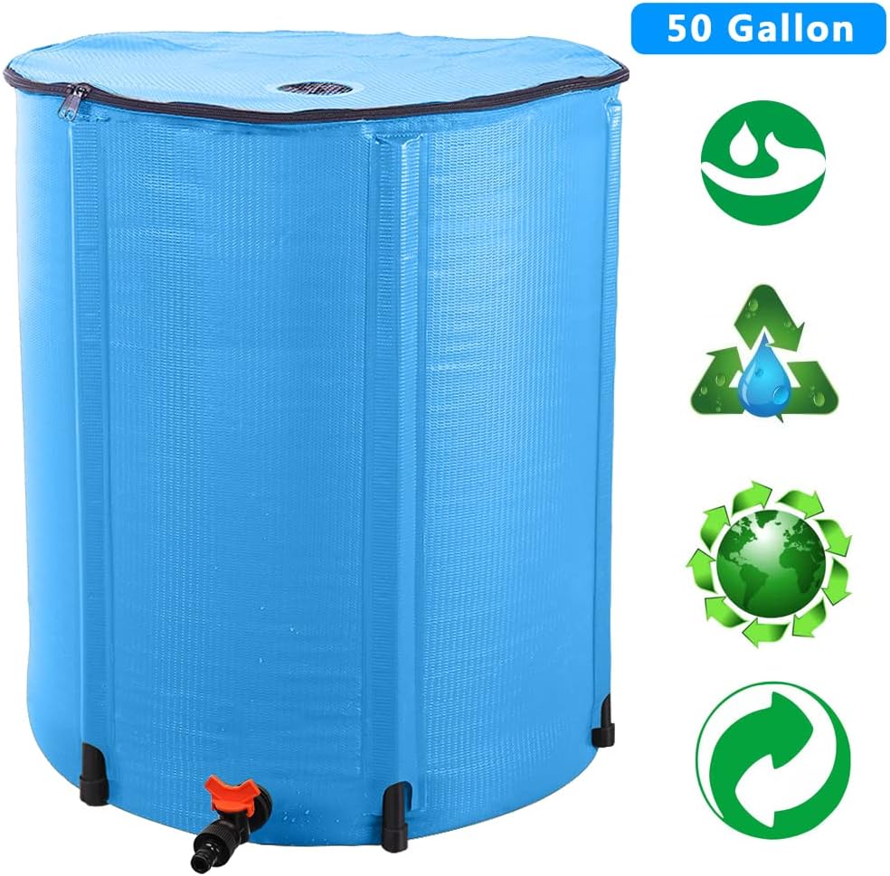 50 Gallon Collapsible Rain Barrel, Water Storage Tank, Portable Rainwater Collection System, Rain Catcher Barrel with Spigots and Overflow Kit, Rain Water Barrel Collector for Garden, Blue