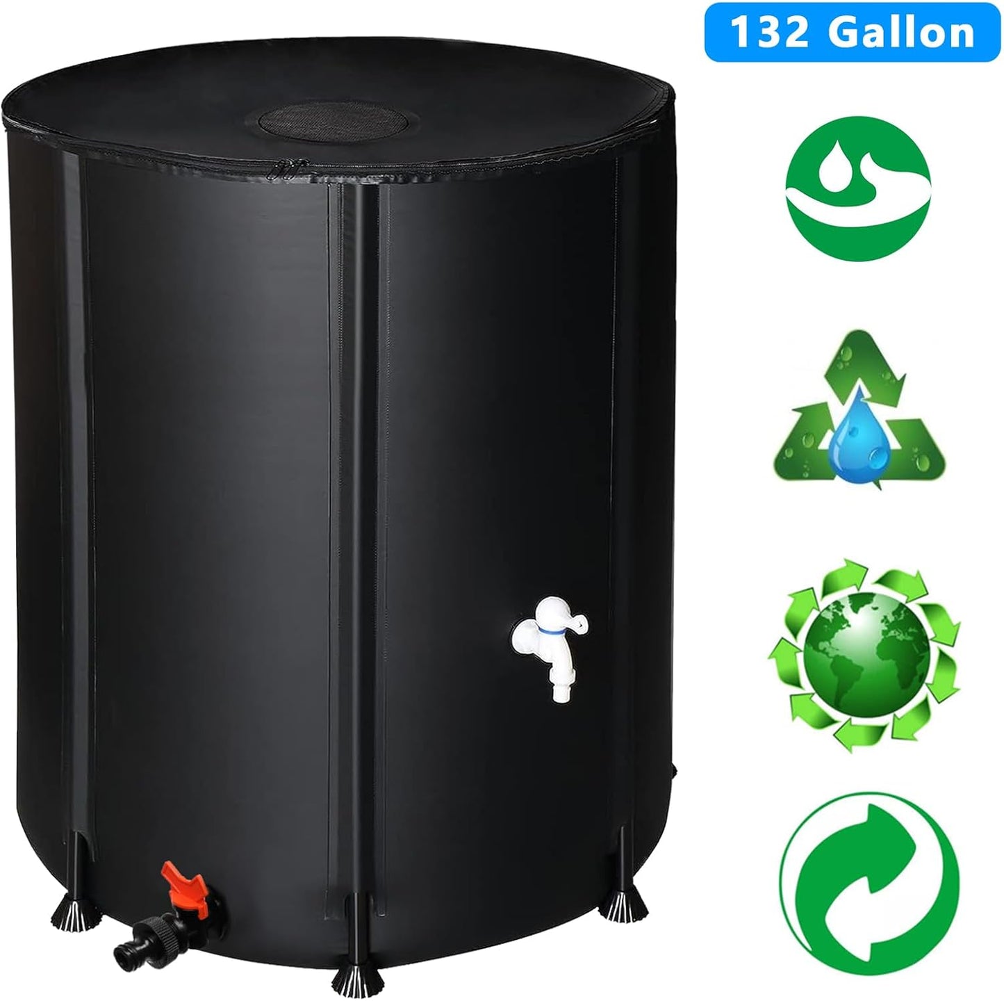 132 Gallon Collapsible Rain Barrel, Portable Rainwater Collection System, Water Storage Tank, Rain Catcher Barrel with Two Spigots and Overflow Kit, Rain Water Barrel Collector for Garden, Black