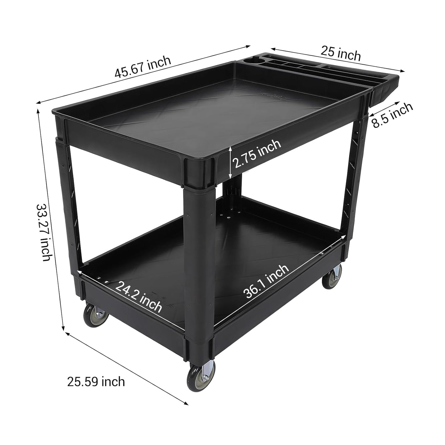 Utility Service Cart 2-Shelf 500 Lbs Capacity, Heavy Duty Rolling Cart with Two Trays and Brake Wheel for Warehouse, Garage, Cleaning, Manufacturing, Storage Handle, 45"X25" Black