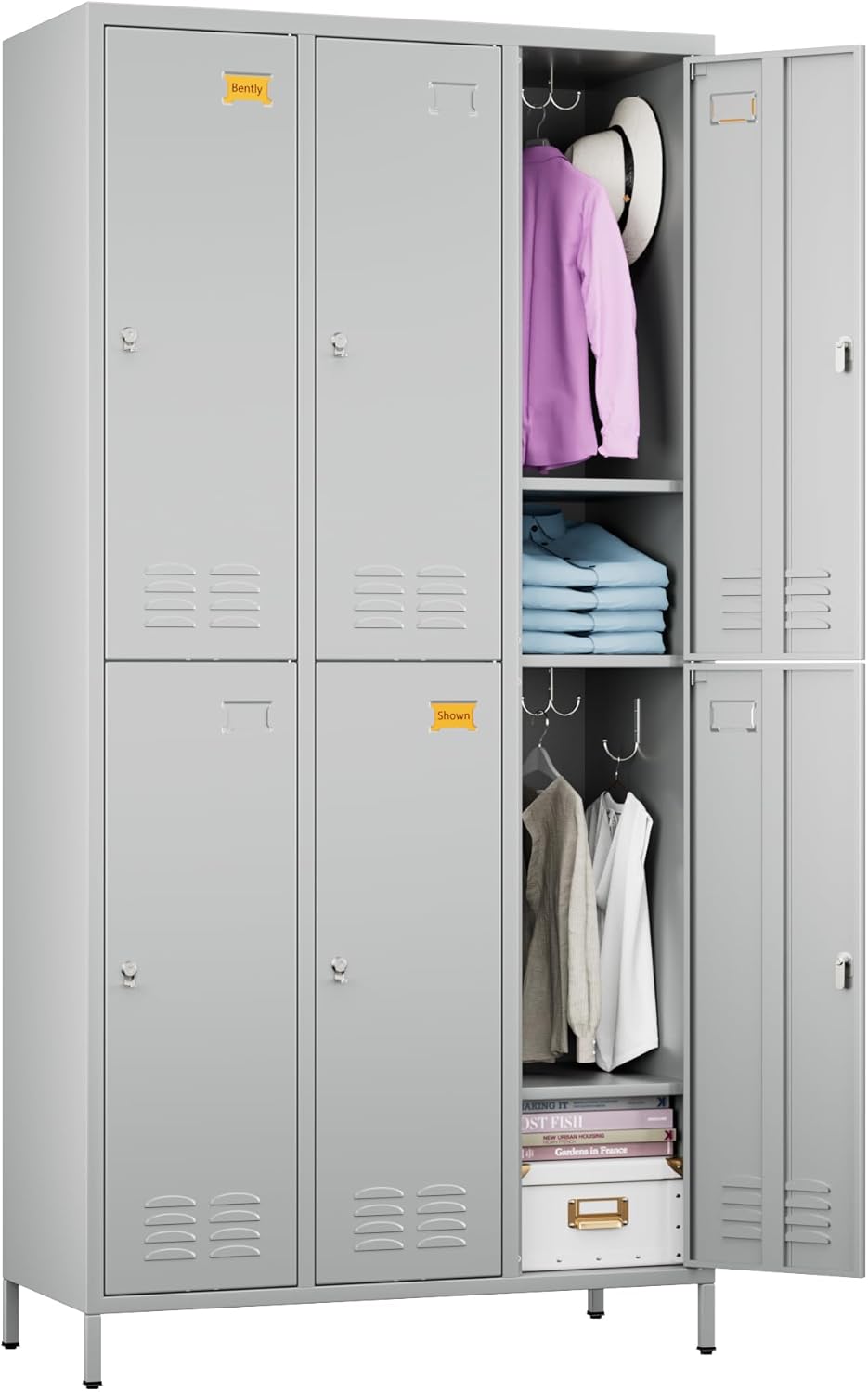6 Doors Metal Lockers for Employees with 6 Shelves and 18 Hooks, Storage Locker with Business Card Holder for Office Gym School Bedroom, Assembly Required, Light Gray