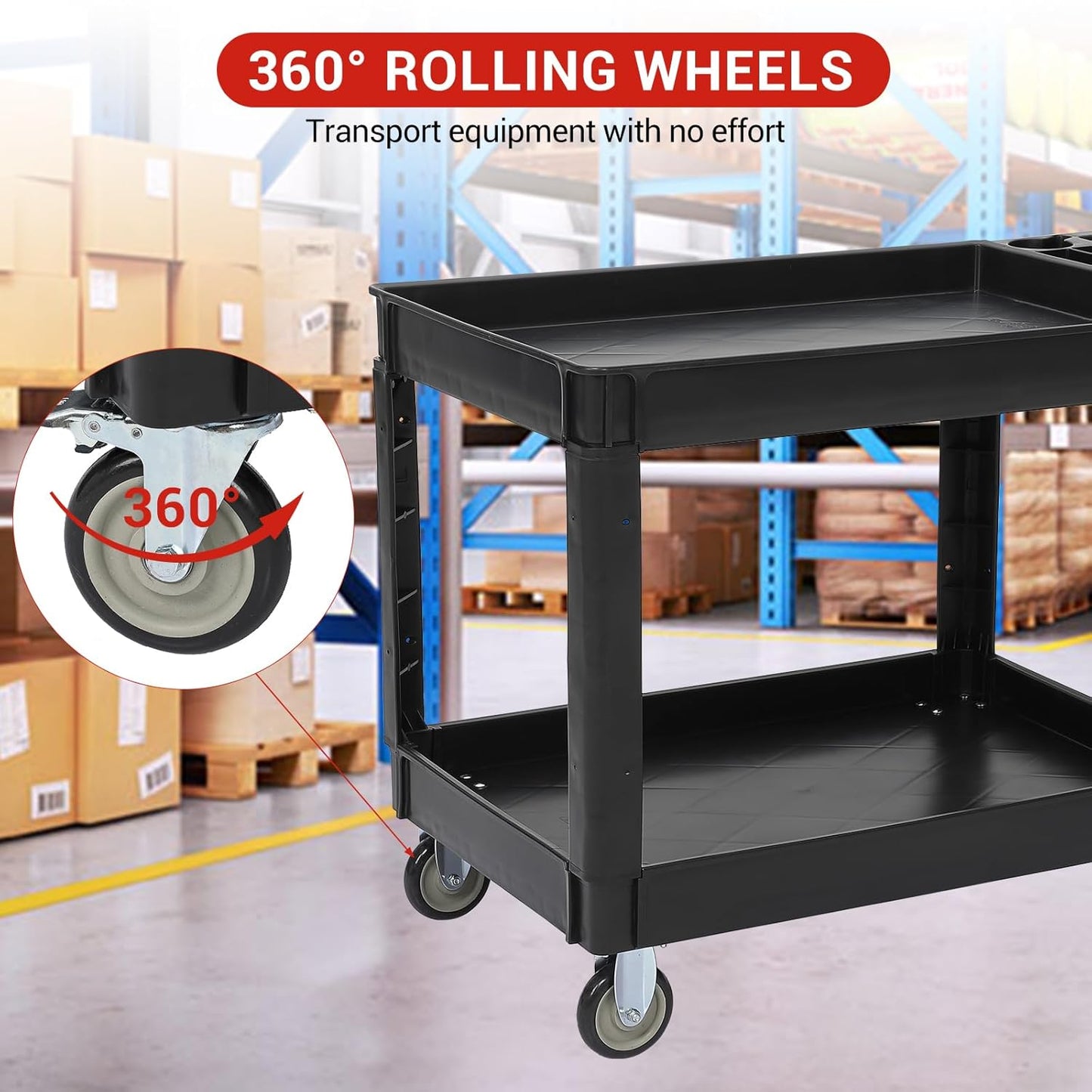 Utility Service Cart 2-Shelf 500 Lbs Capacity, Heavy Duty Rolling Cart with Two Trays and Brake Wheel for Warehouse, Garage, Cleaning, Manufacturing, Storage Handle, 45"X25" Black