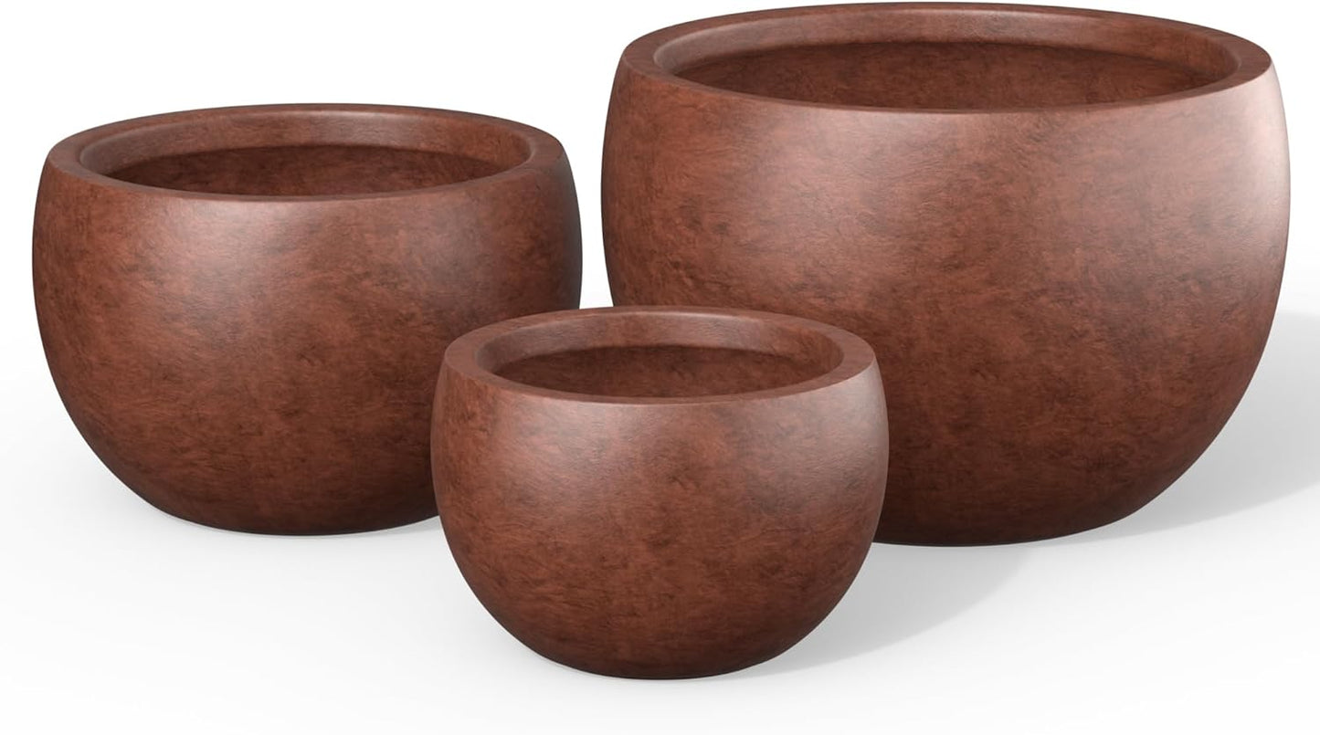 Kante 19.9",15.7",11.8" Dia Round Concrete Planter Set of 3, Outdoor/Indoor Large Bowl Plant Pots with Drainage Hole and Rubber Plug for Garden Patio Balcony Home, Rusty