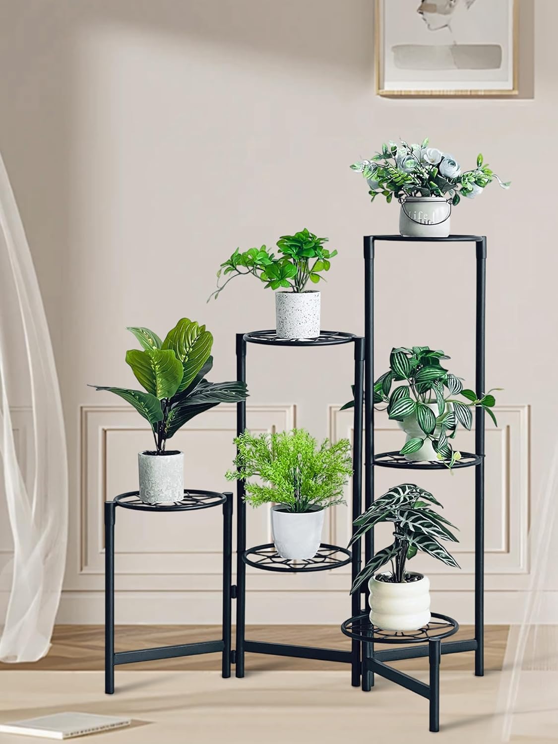 6 Tier Metal Plant Stands Outdoor Garden Living Room Flower Corner Shelf Plant Stands Indoor Black Diamond