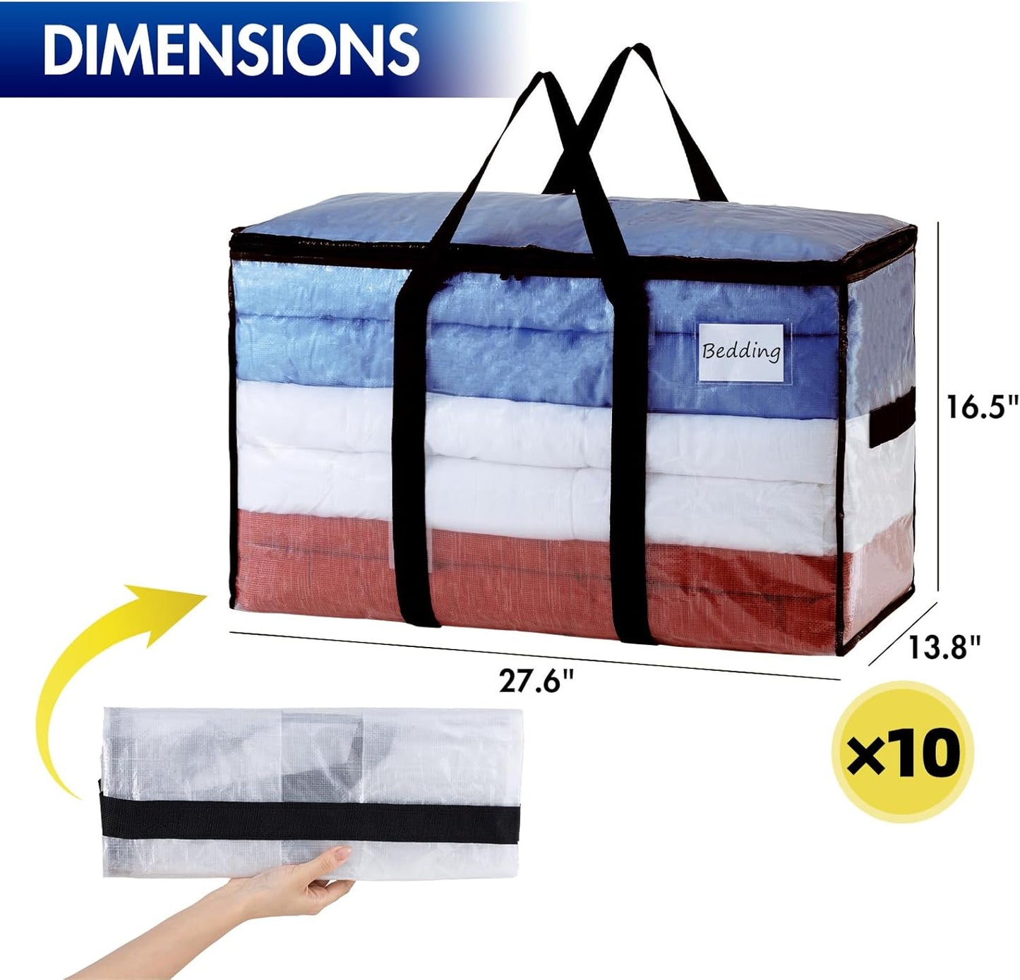 TAILI Extra Large Moving Bags, 10 Pack Clear Heavy Duty Totes For Storage with Visible Window, Wrap Around Handles, Storage Bags for Space Saving, Alternative to Moving Boxes