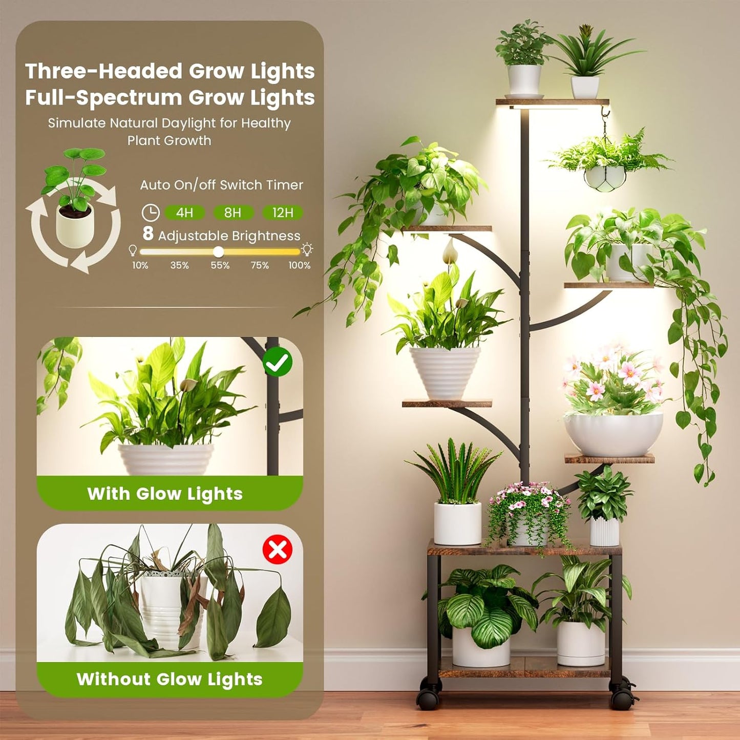 Plant Stand Indoor with Grow Lights & Wheels, 60" Tall 7-Tiered Mobile Corner Plant Shelf for Indoor Plants, Metal Tree-Shaped Plant Rack for Living Room, Patio, Balcony, Black