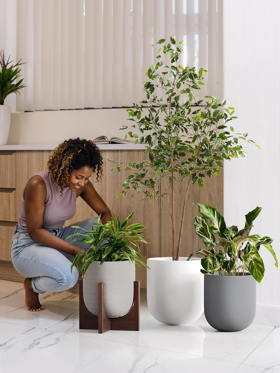 LE TAUCI 10 Inch Plant Pot, Ceramic Pots for Plants with Drainage Hole and Rubber Plug, Plant Pots Indoor for Home Garden Patio Office, Cylinder Planters for Indoor Plants, Charcoal Gray