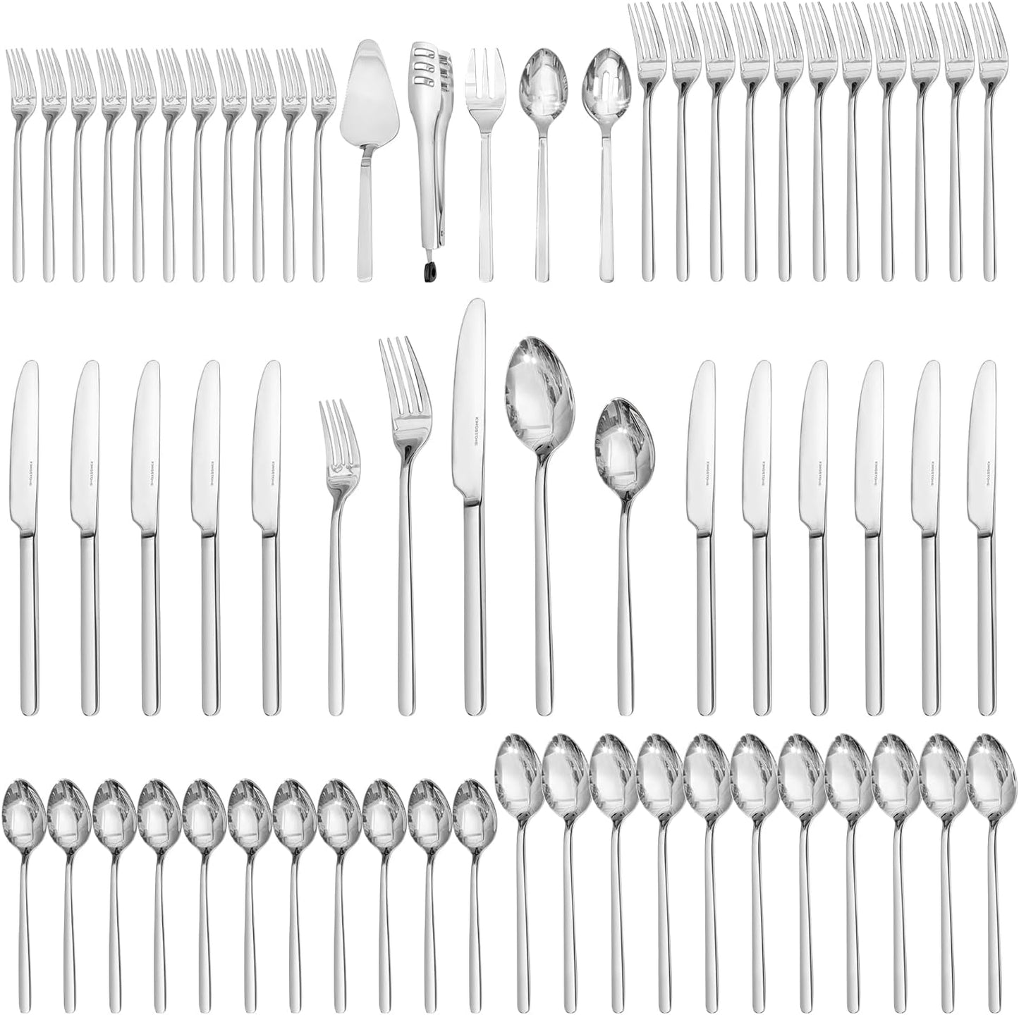 KINGSTONE Silverware Set With Serving Utensils, 65 Piece Flatware for 12, 18/10 Cutlery With 5 Piece Serving Utensil Set - Modern and Original Design, Dishwasher Safe