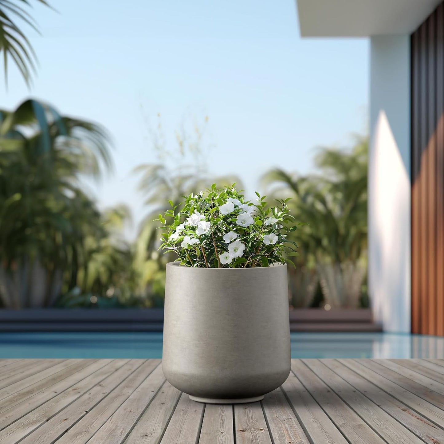 Kante 15.3" Dia Round Concrete Planter, Outdoor Indoor Large Plant Pots Containers with Drainage Hole and Rubber Plug for Home Garden Patio, Buff Concrete