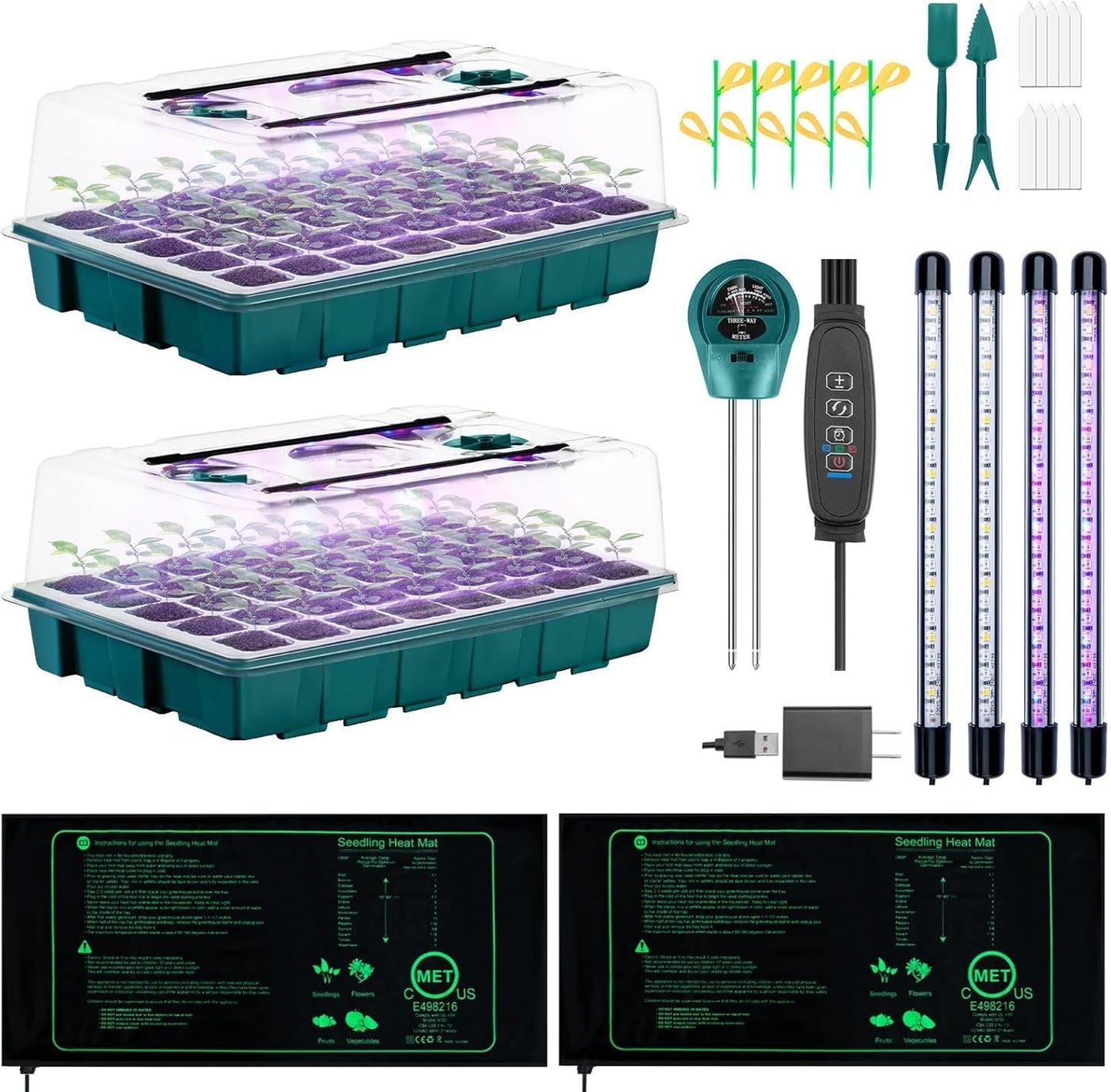 Seed Starter Tray with Grow Lights and Heat Mat, 3-in-1 Soil Meter, 80-Cell Seed Growing Tray, Germination & Plant Propagation Station for Indoor Plants 2-Pack