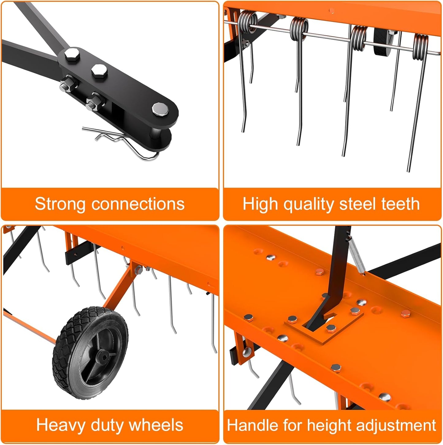 48" Tow Behind Lawn Dethatcher, Pull Behind Rake with 24 Rust-Proof Tines and Heavy Tires, Lawn Tractor Rake with Lift Handle, Tow Behind Rakes to Remove Thatch, Leaves from Large Lawn Area