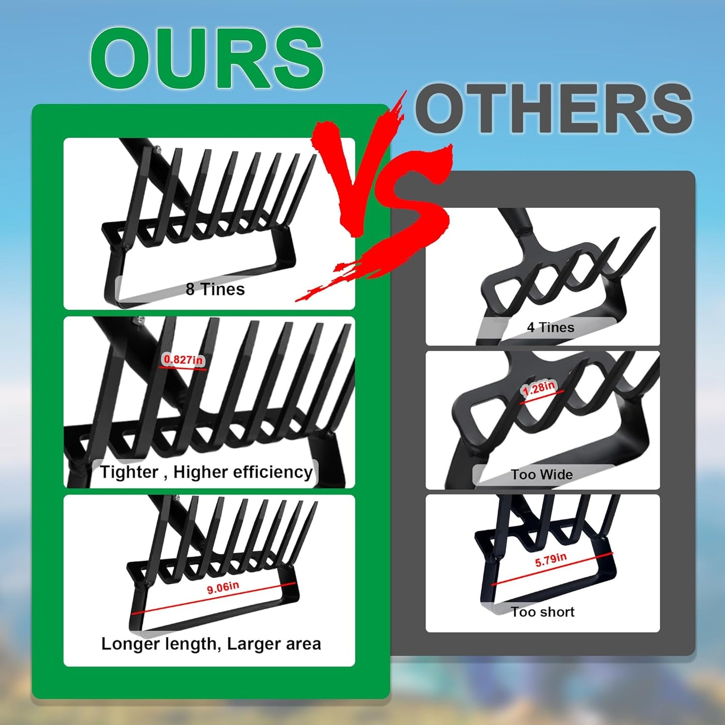 8-Tines Rake and Stirrup Hoe, Metal Garden Hula Hoes Tiller Rake Tool with Adjustable Long Handle, Action Scuffle Loop Hoe for Weeding, Digging, Loosening Soil