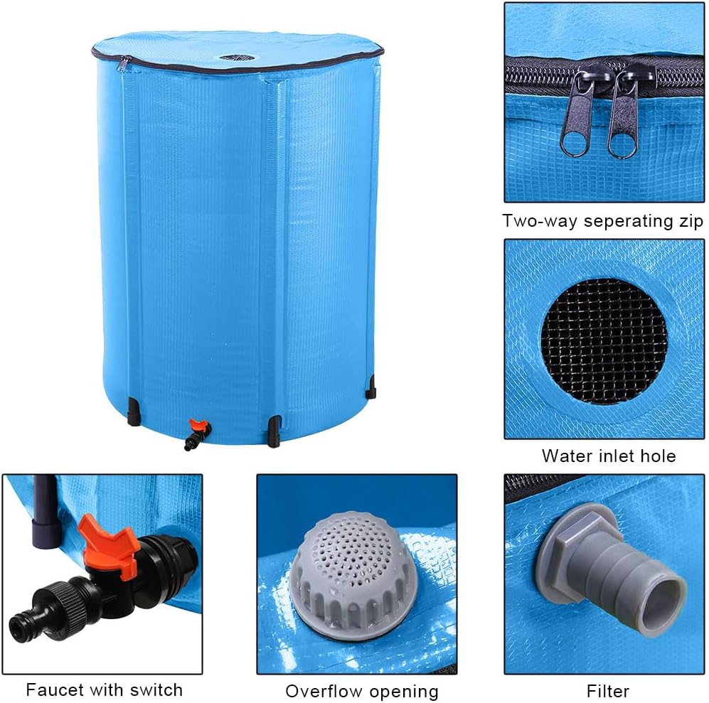 Collapsible Rain Barrel, 100 Gallon Portable Rainwater Collection System, Water Storage Tank, Rain Catcher Barrel with Spigots and Overflow Kit, Rain Water Barrel Collector for Garden, Blue