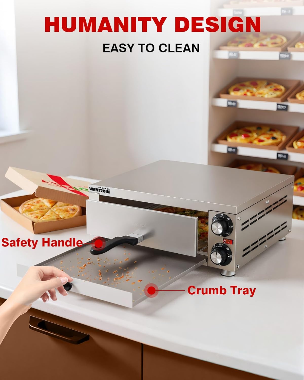 Wantjoin Pizza Oven Indoor - Electric Pizza Ovens Countertop Stainless Steel Commercial Pizza Maker Fits 12" Pizzas, With Timer Crumb Tray, 110W, For Home, Bars, Food Trucks