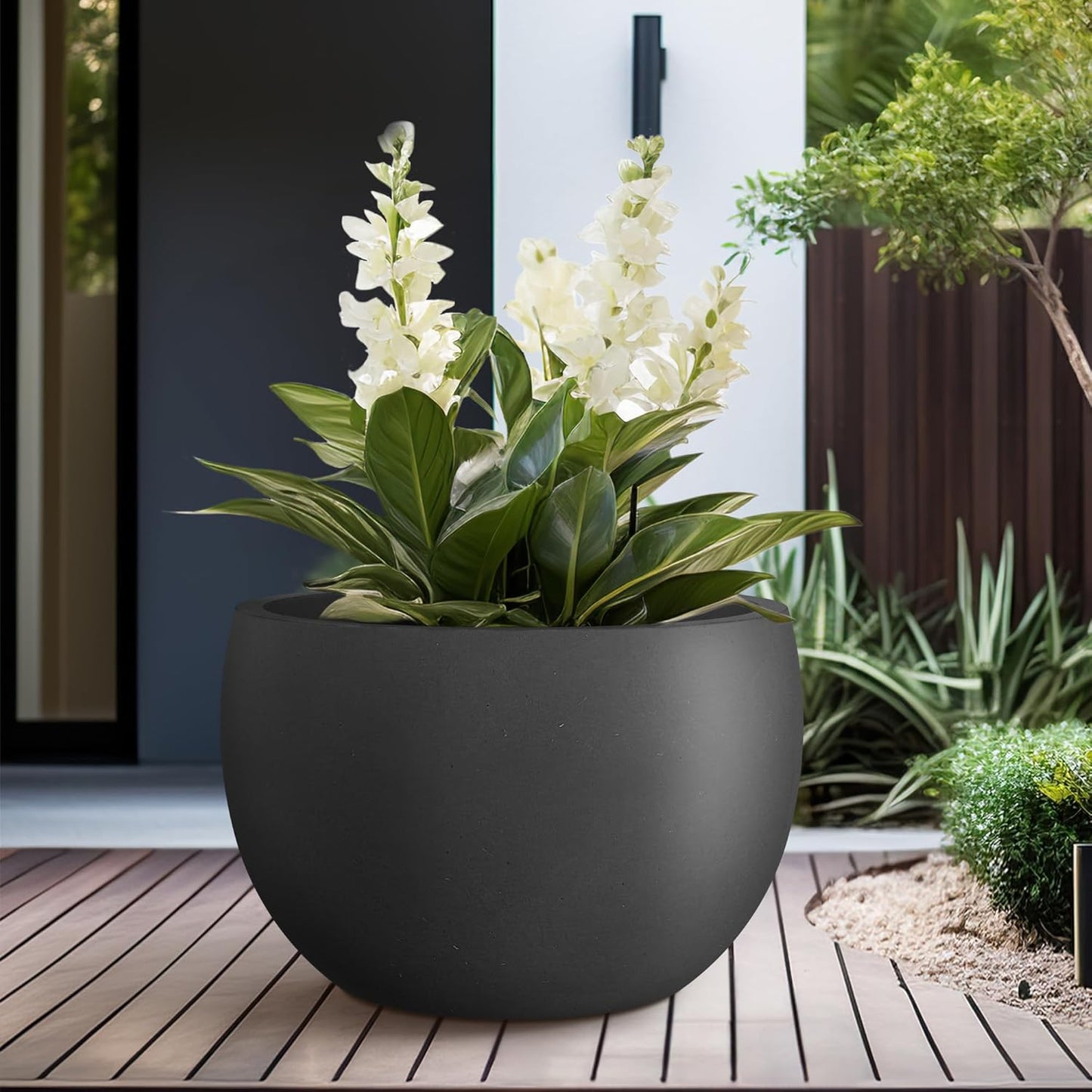 Kante 19.9" Dia Round Concrete Planter, Outdoor/Indoor Large Bowl Plant Pots with Drainage Hole and Rubber Plug for Garden Patio Balcony Home, Black