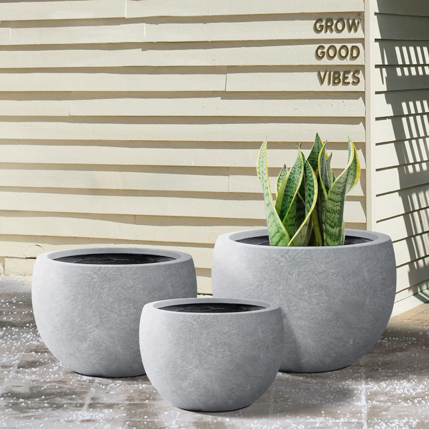 Kante 19.9",15.7",11.8" Dia Round Concrete Planter Set of 3, Outdoor/Indoor Large Bowl Plant Pots with Drainage Hole and Rubber Plug for Garden Patio Balcony Home, Slate Gray