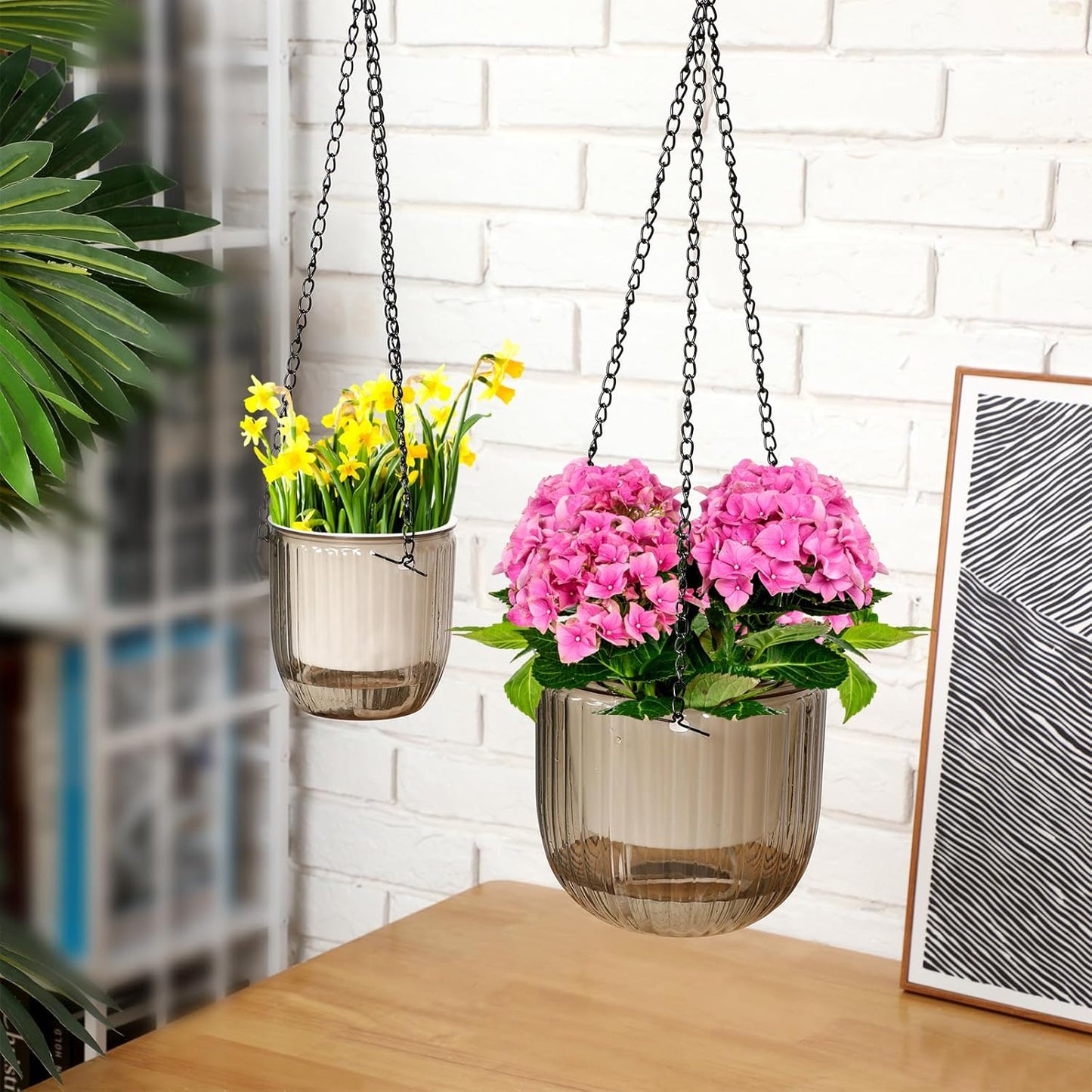 Maxcheck 4 Pcs Self Watering Hanging Planters Indoor Gift 6.5'' 4.5'' Hanging Flower Pots Baskets Outdoor Self Watering Plant with 3hooks Drainage Holes for Home(Grey,Clear)