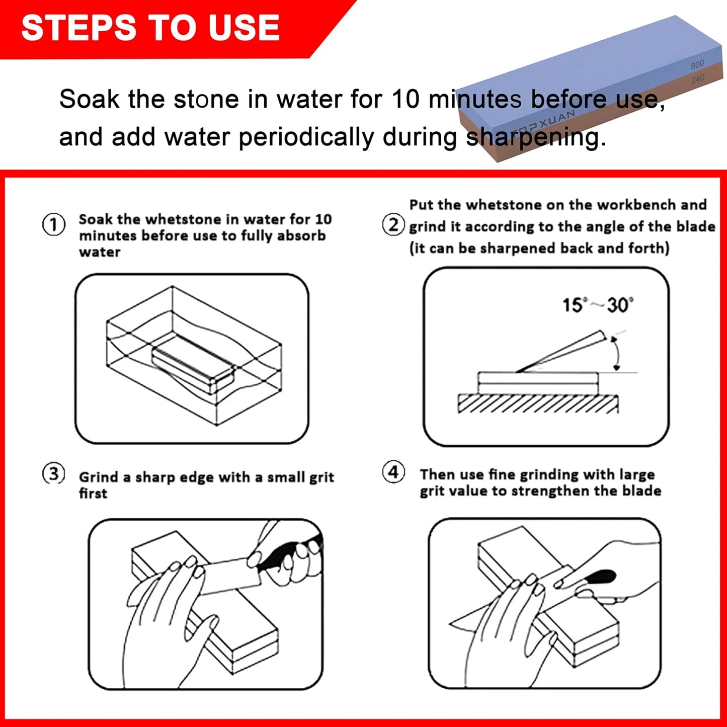 Knife Sharpening Stone 240/800 Grit 2 Sided Sharpener Whetstone,Professional Wetstone for Kitchen Knives Sharpener with Non-Slip Rubber,Orange Color Box Package