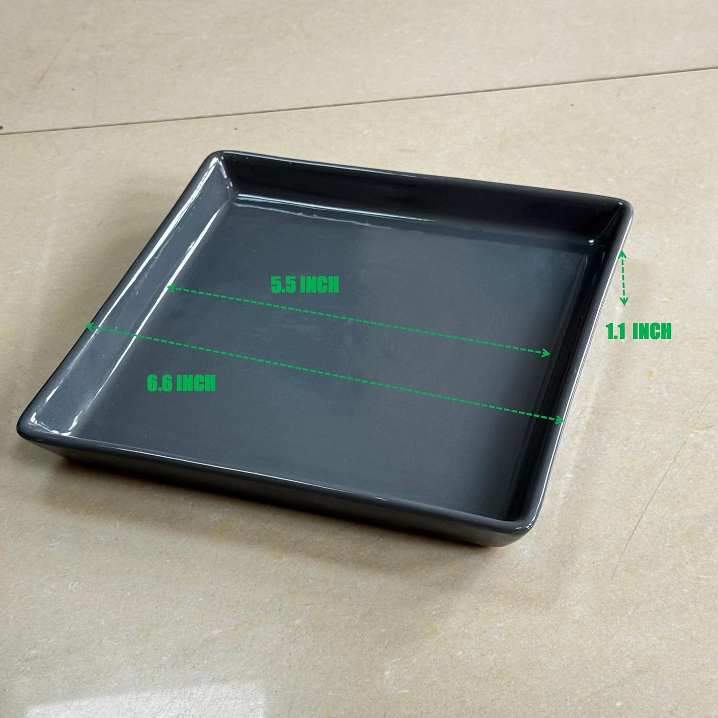 Square Plant Saucer 6 Inch 2 Pack，Plant Trays for Pots, Gray Ceramic Plant Saucers for Indoors Outdoors, Plant Drip Tray 4 6 8 10 12 14 Inch