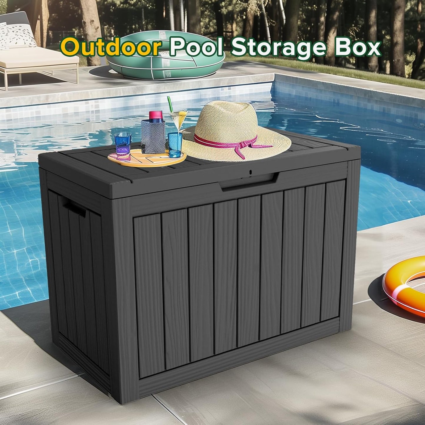 45 Gallon Resin Deck Box, Lockable Patio Outdoor Storage Box for Furniture, Garden Tools and Tools Storage, Waterproof Outside Storage Boxes - Black