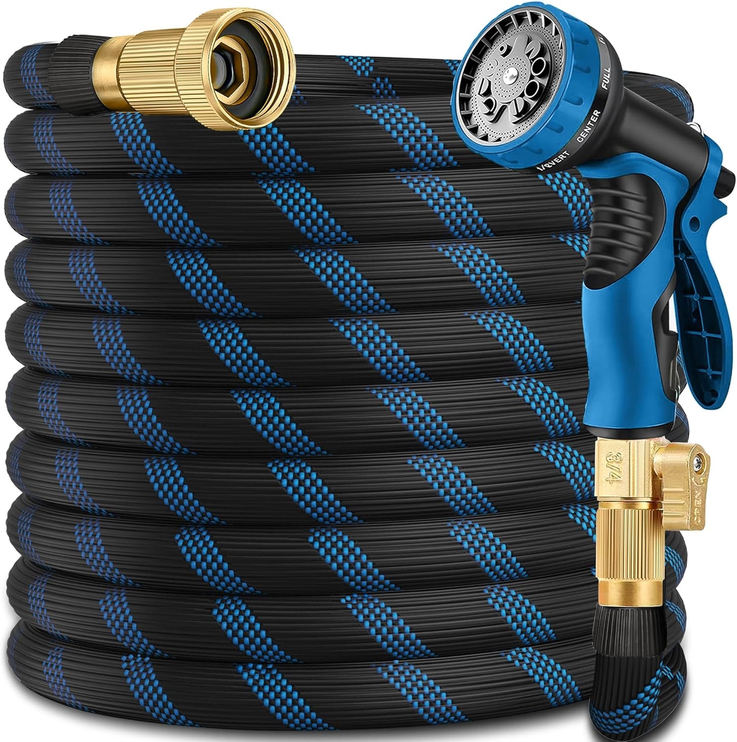 100ft Garden Hose - Water Hoses w/10 Function Spray Nozzle, 2025 New Superior Strength Flexible Hose, 3/4" Brass Connectors- Leakproof Lightweight Water Pipe for Gardening(Blue Black)