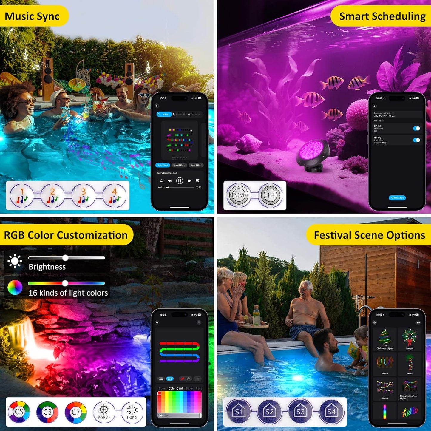 T-SUN Color Changing Submersible Pond Lights with APP and Remote Control, IP68 Waterproof Dimmable Timer Fountain Lights led Underwater for Koi Fish Tank Aquascape Waterfall Landscape(Set of 3)