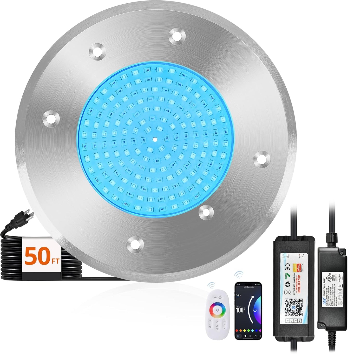 LEDIARY 6 Inch LED RGB Pool Lights for Inground Pool, AC120V 15W Underwater Swimming Pool/Spa Lights with APP/Remote Control, 50 ft Cord, Waterproof for 6" Wet Niche(Transformer& Controller Included)
