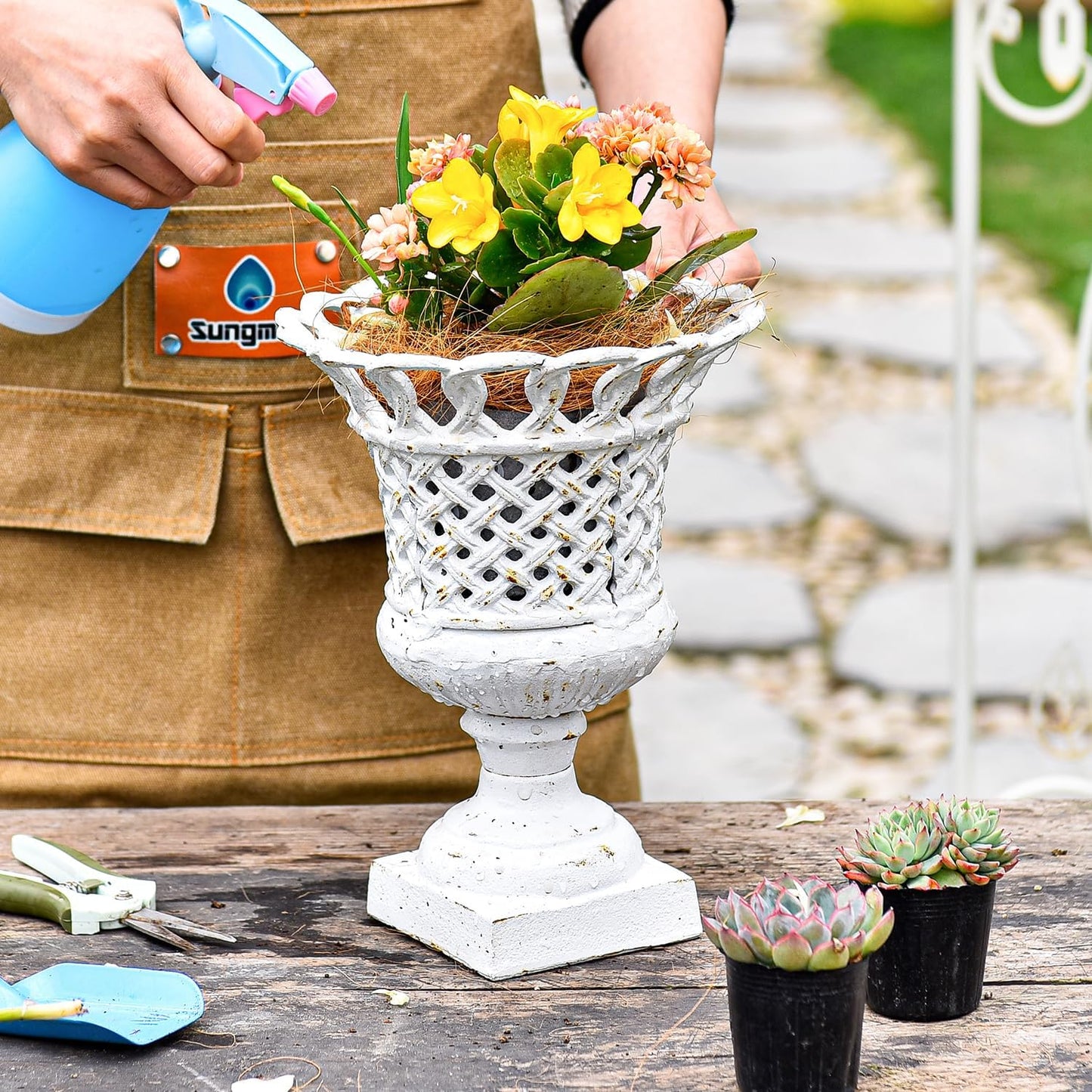 Sungmor Heavy Duty Cast Iron Urn Planter, Beautiful Hollow Trophy Design Tall Orchid Flower Pot, Large Decorative Plastic Flowers Plants Bouquets Vase, Rustic French Country Pot for Home or Garden