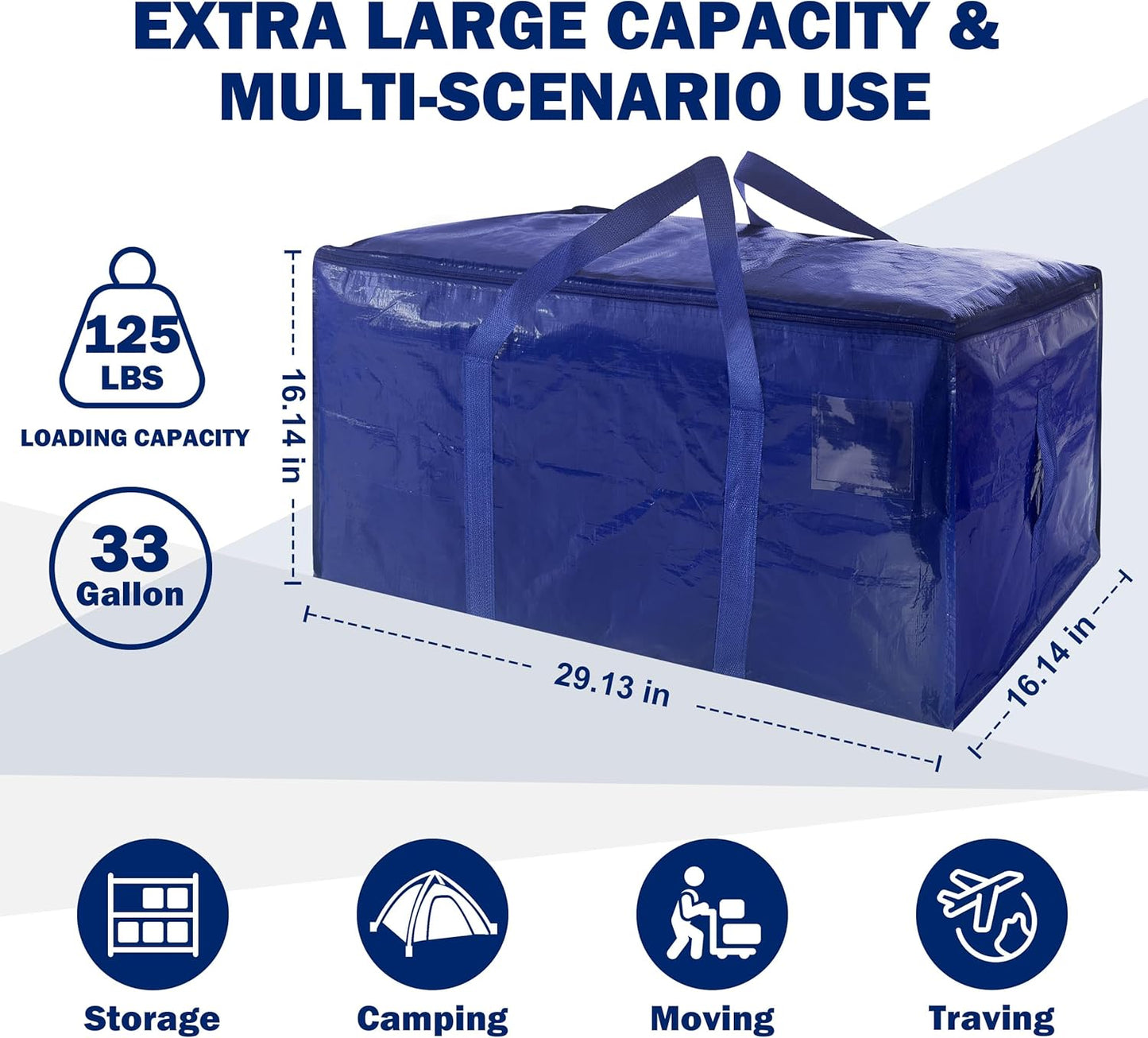16 Pack Extra Heavy Duty Large Moving Bags with Strong Zipper & Carrying Handles, Sturdy Clothes Storage Bag Totes Bins, Packing Bags Moving Boxes College Moving Supplies, Dark Blue - 33 gal