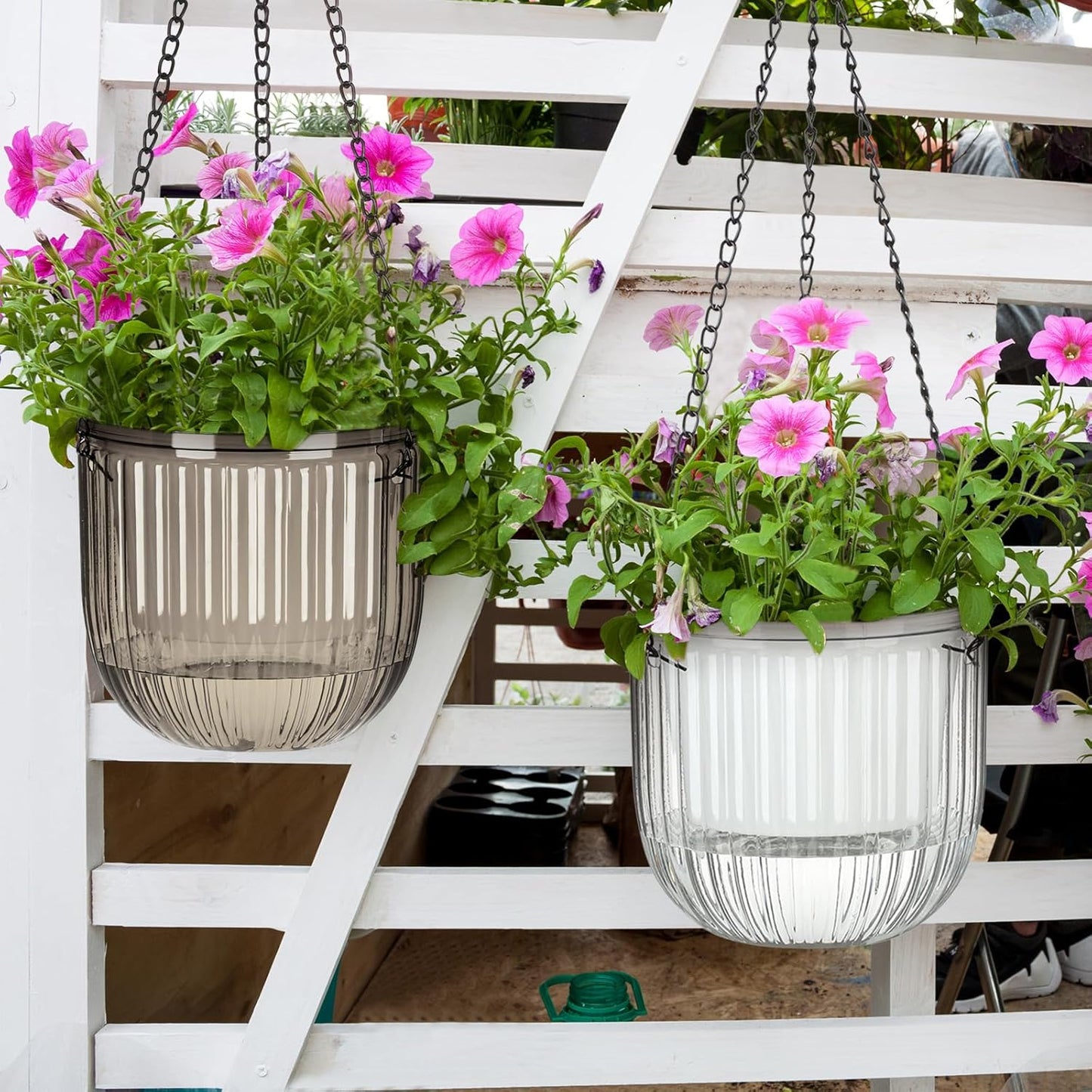 Maxcheck 4 Pcs Self Watering Hanging Planters Indoor Gift 6.5'' 4.5'' Hanging Flower Pots Baskets Outdoor Self Watering Plant with 3hooks Drainage Holes for Home(Grey,Clear)