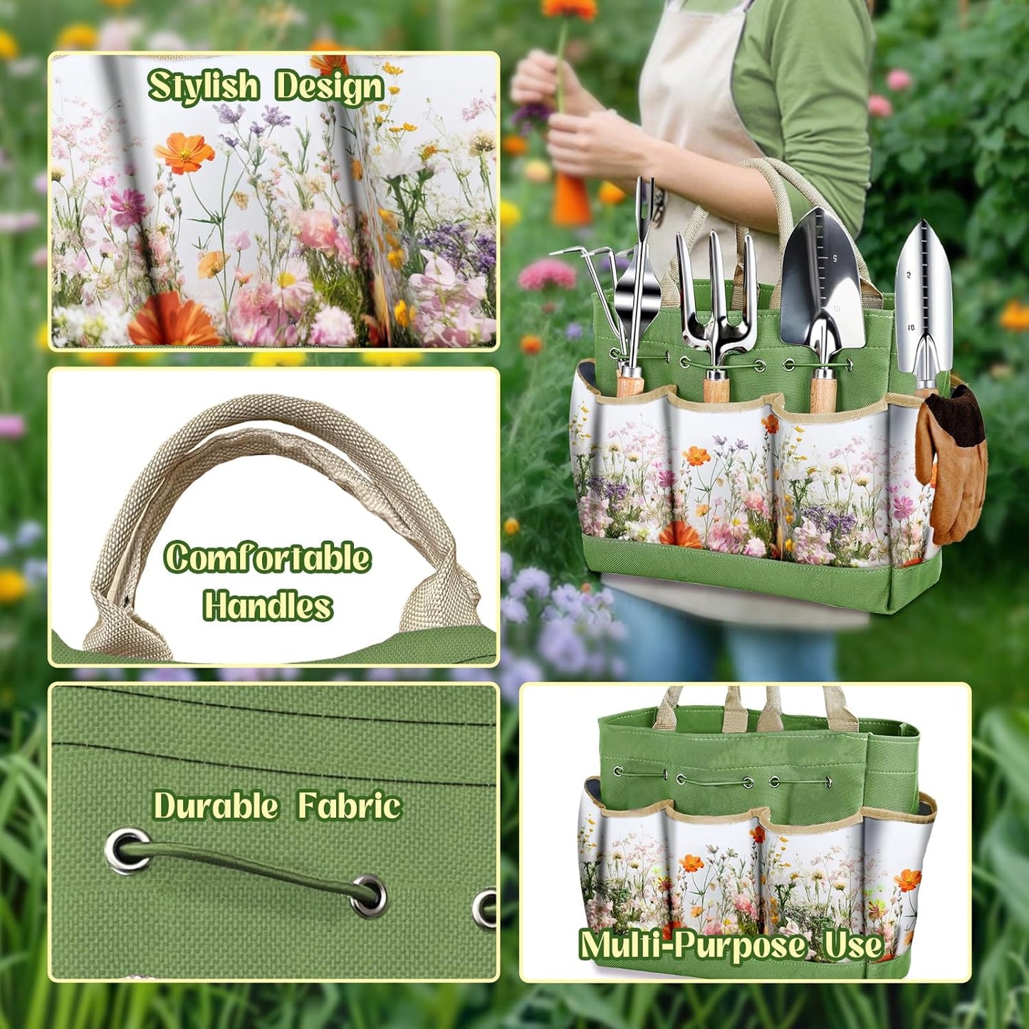 Garden Tools 9-Piece Heavy Duty Gardening Hand Tools with Floral Organizer Tote Bag, Rust-Proof Garden Tool Set, Thickened Repotting Mat, Gardening Gifts for Women Mom, Green