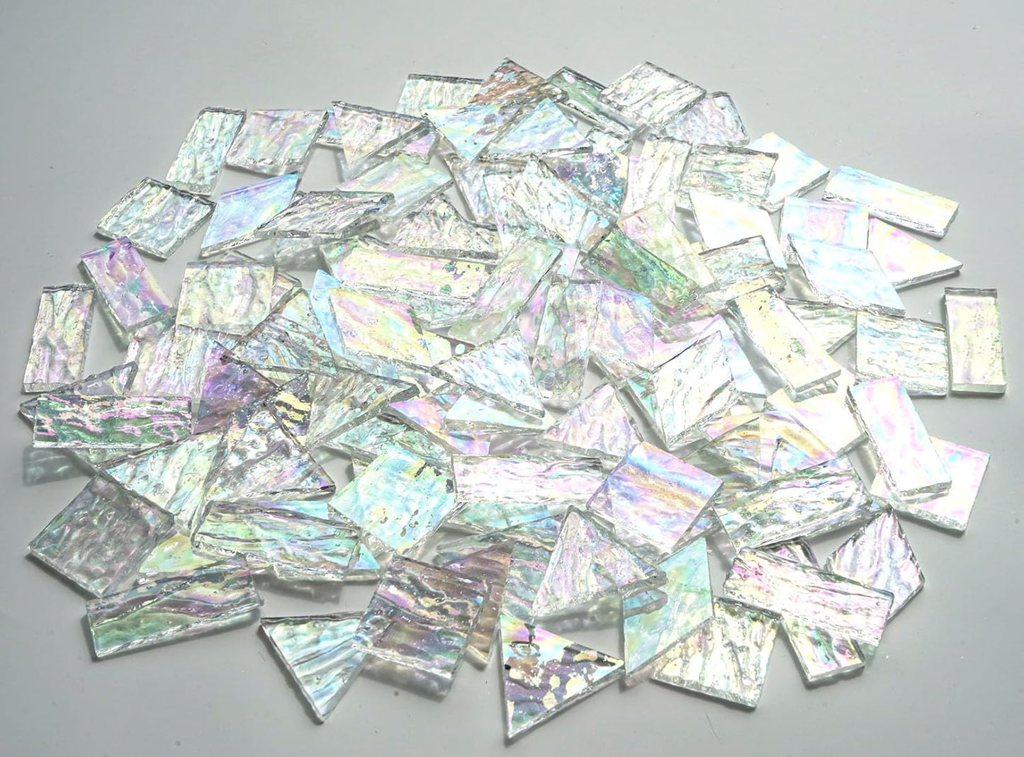 Iridescent Textured Cathedral Glass Mosaic Tiles, 200g Transparent Stained Glass Pieces for Mosaic Art, Pre-Cut for Handmade Crafts, Clear