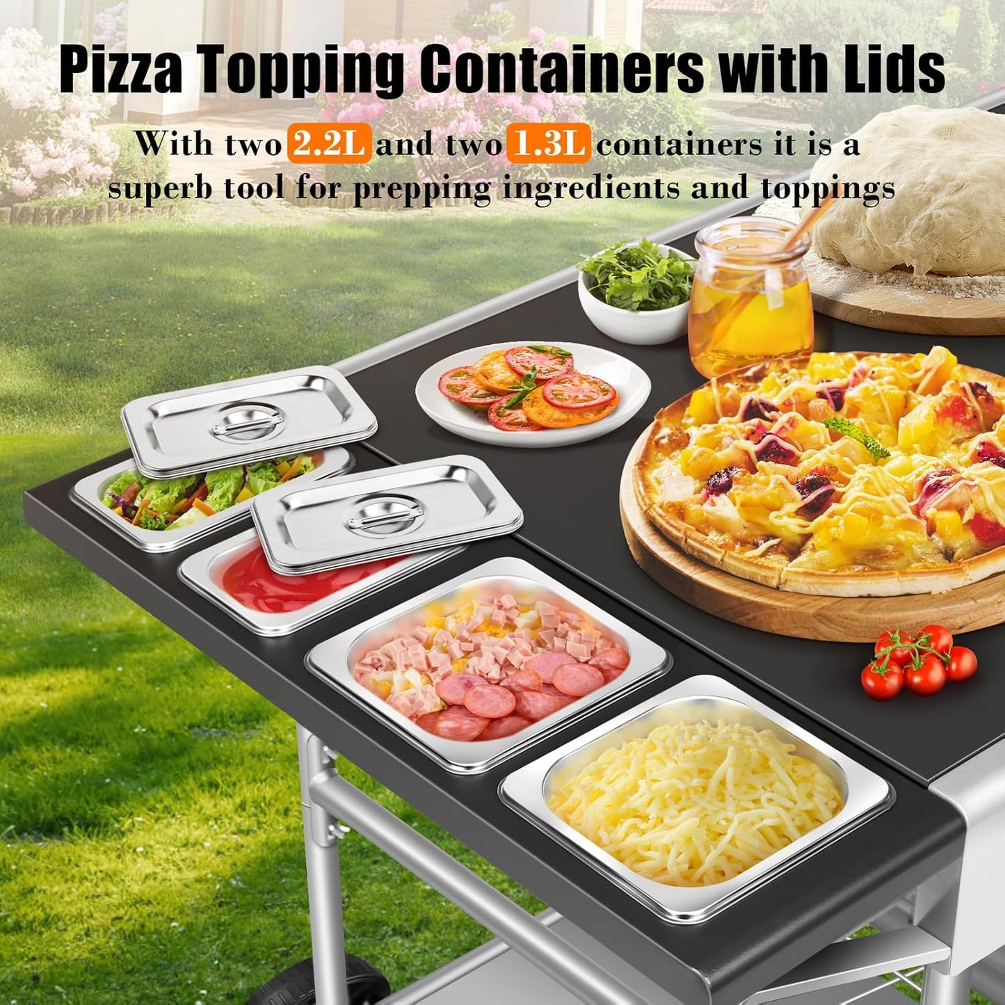 Pizza Oven Table with Topping Station, Outdoor Pizza Oven Cart, Grill Table for Outside, Grill Cart, Food Prep Work cart Fits for Ninja Woodfire Grill, Blackstone Griddle,Tabletop Grill