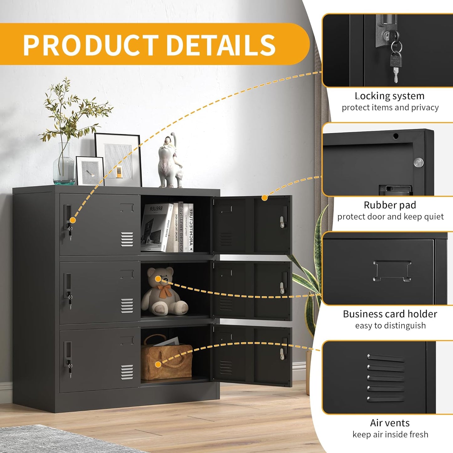 Employee Storage Locker,6 Door Storage Locker,Metal Locker for Employees Office Steel Gym Lockers with Card Slot,Office Storage Lockers for Home,School(Black)