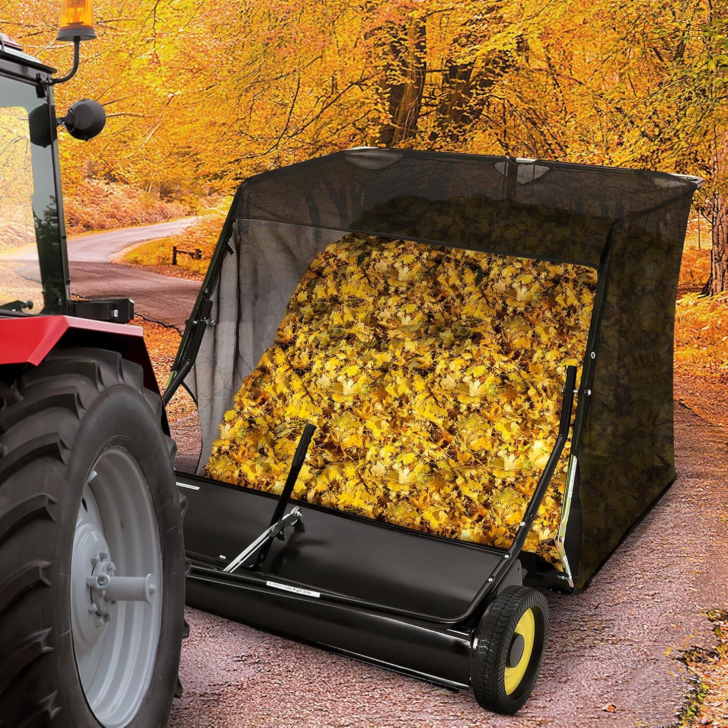 GAOMON 42 inch Lawn Sweeper Tow Behind, Large Pull Behind Lawn Sweeper, Heavy Duty Leaf & Grass Collector with Dumping Rope Design, Adjustable Sweeping Height for Picking Up Debris & Grass